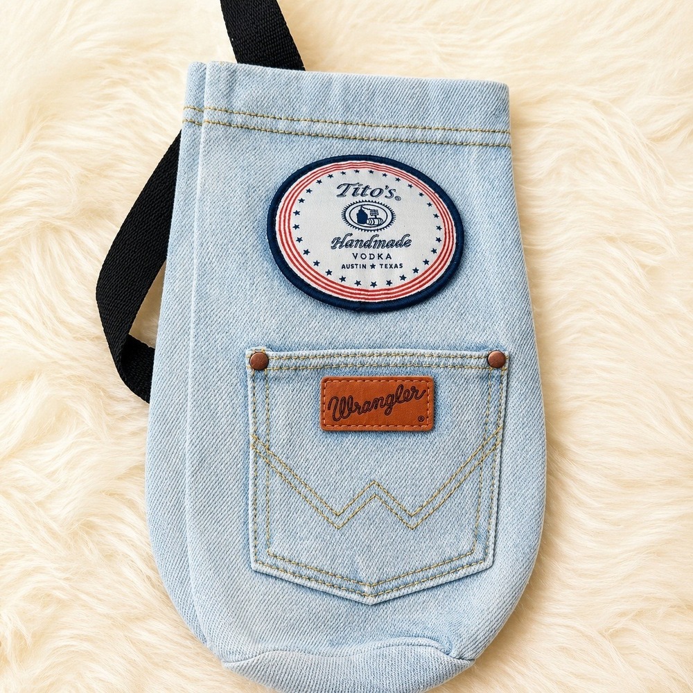 Wrangler Tito's Denim Bottle Sling Bag Blue Crossbody Western Travel Holder Gear